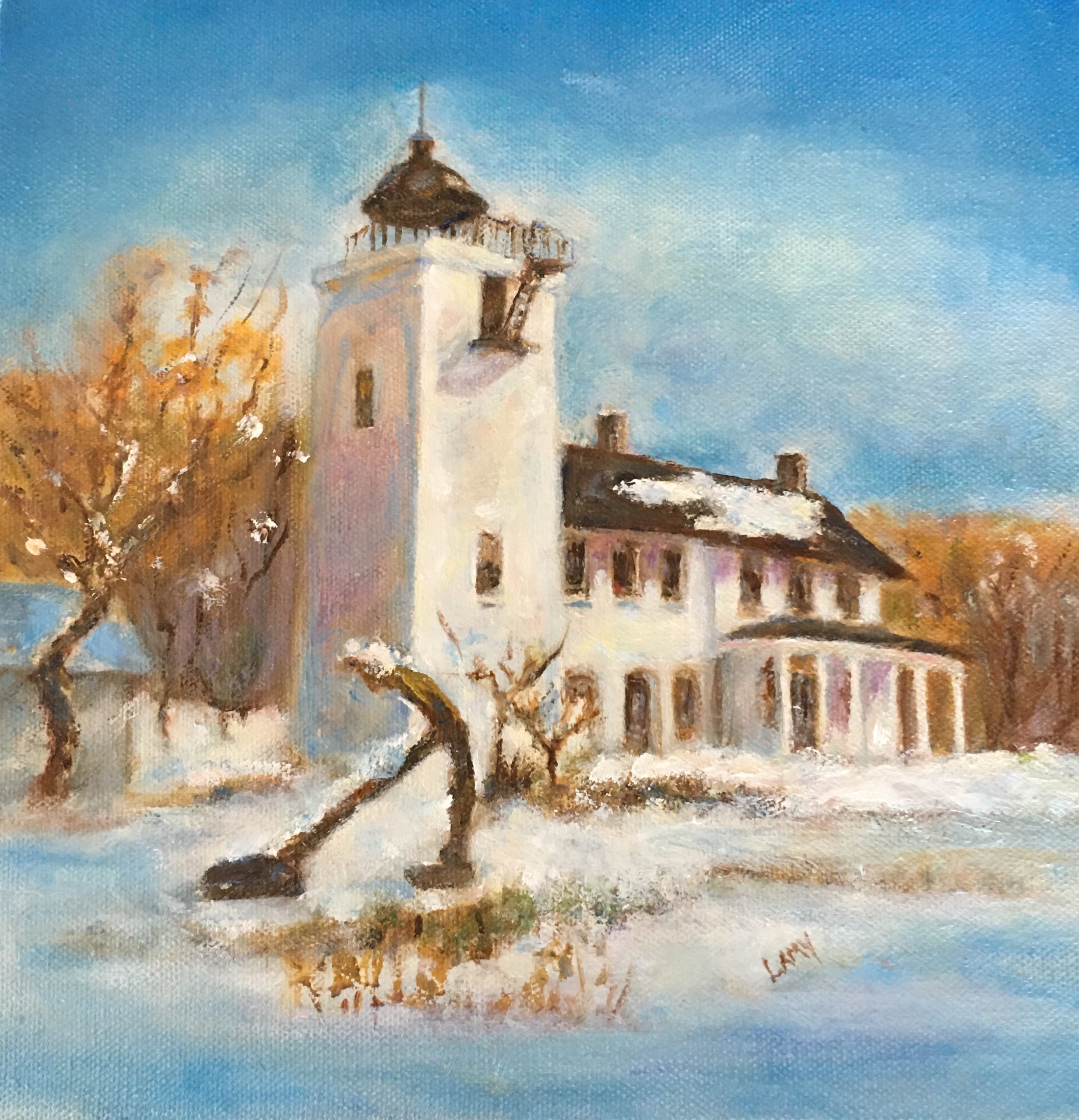 "Horton Pt Lighthouse After Snowfall" by Marilyn Lamy, Oil on Canvas in Ten Squared