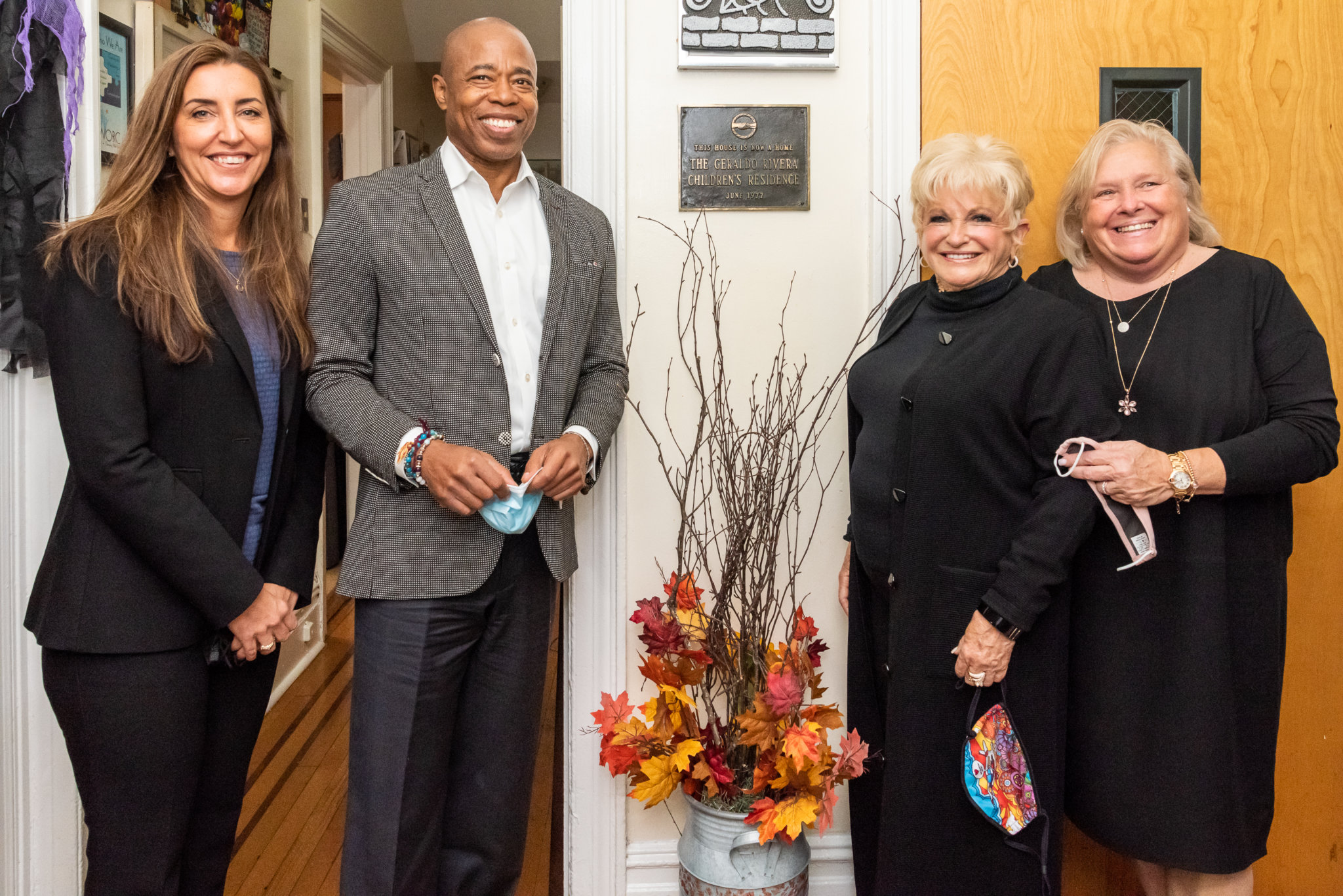 Eric and I with Lynne Koufakis (r.) and Janet Koch (l.). in front of the Geraldo Rivera plaque, which was placed there in 1977. Janet Koch, Vicki Schneps, and Lynne Koufakis pose for a photo with Democratic mayoral candidate Eric Adams