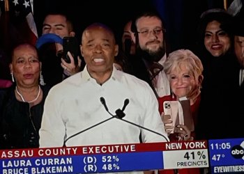 Victoria Schneps on the stage during Eric Adams victory speech.