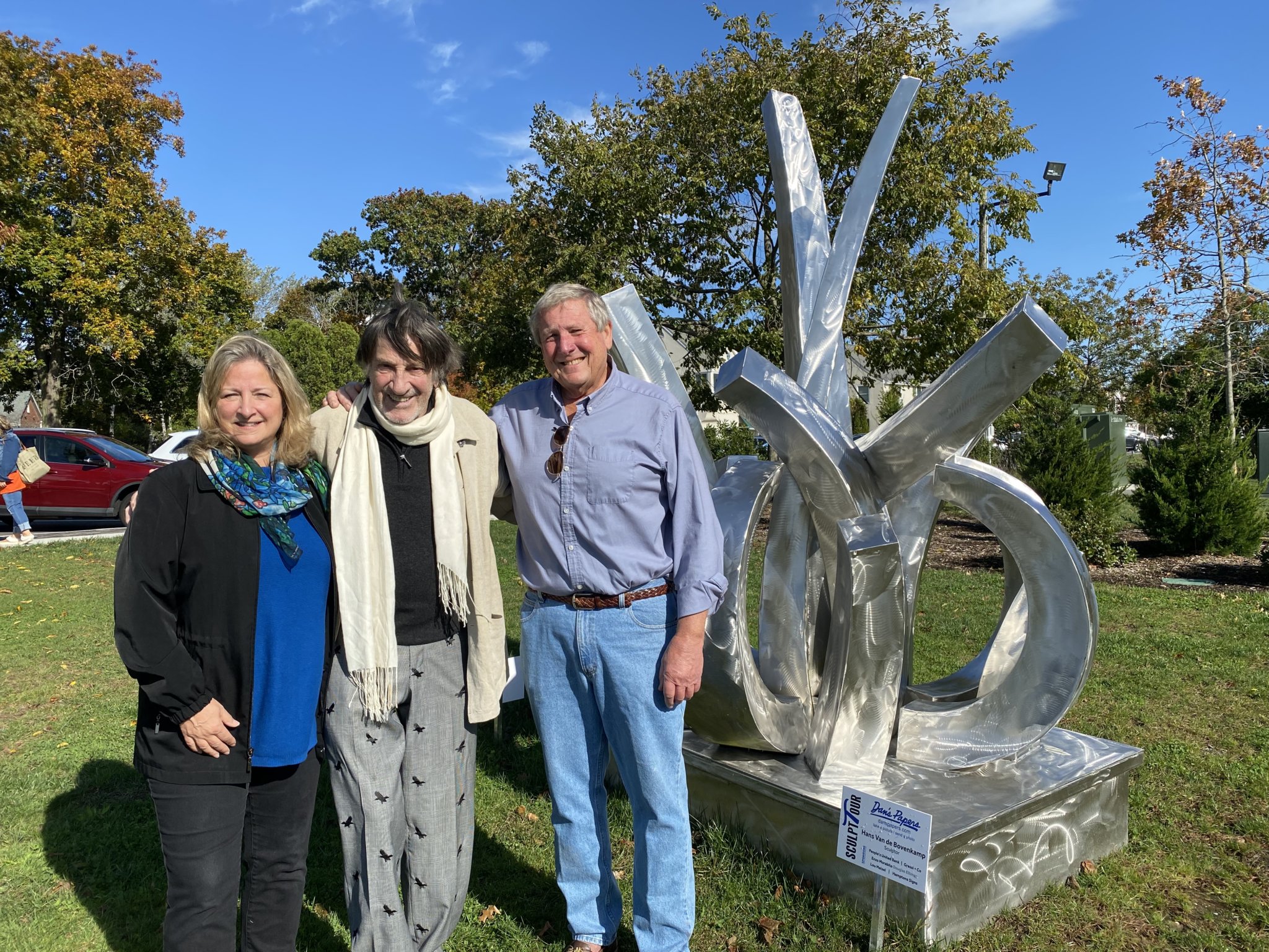 Westhampton Beach Mayor Maria Moore and Deputy Mayor Ralph Urban with Hans and one of his sculptures on The Great Lawn.