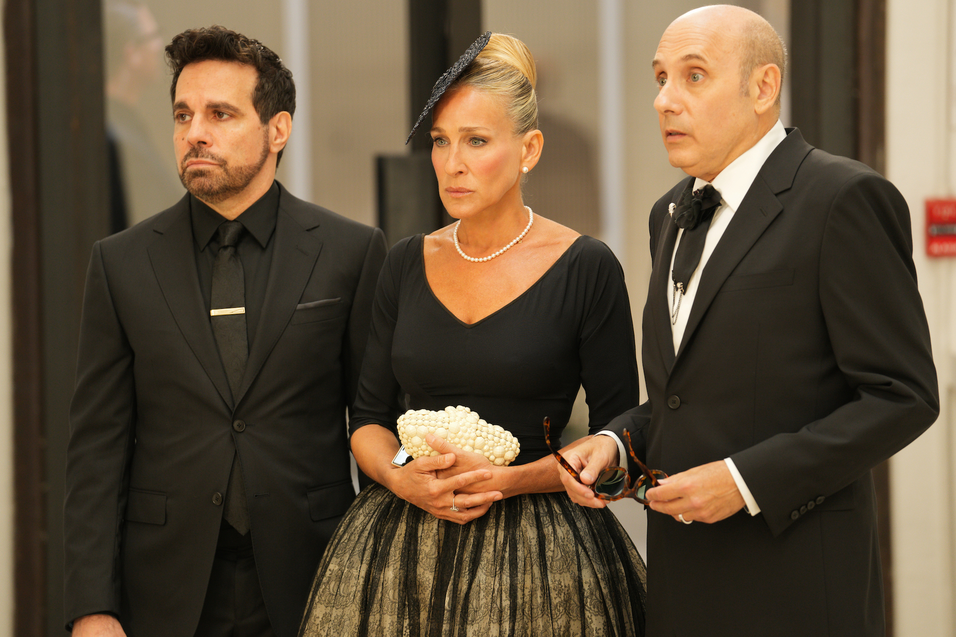 Mario Cantone, Sarah Jessica Parker, Willie Garson attend a certain someone's funeral on HBO Max series "And Just Like That..."