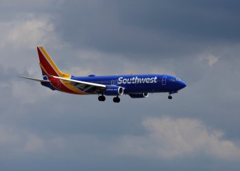 A Southwest Airlines commercial aircraft approaches to land at John Wayne Airport in Santa Ana, California
