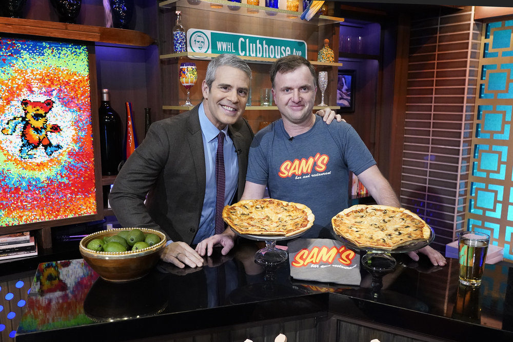 Andy Cohen and Sam's Pizza owner Graham Quinn on Bravo's "Watch What Happens Live"