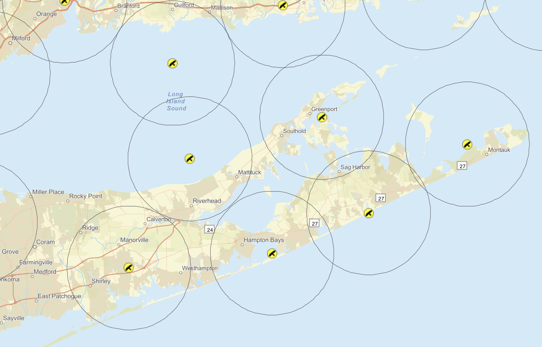 Audubon Christmas Bird Count map of the East End with 15-mile zones