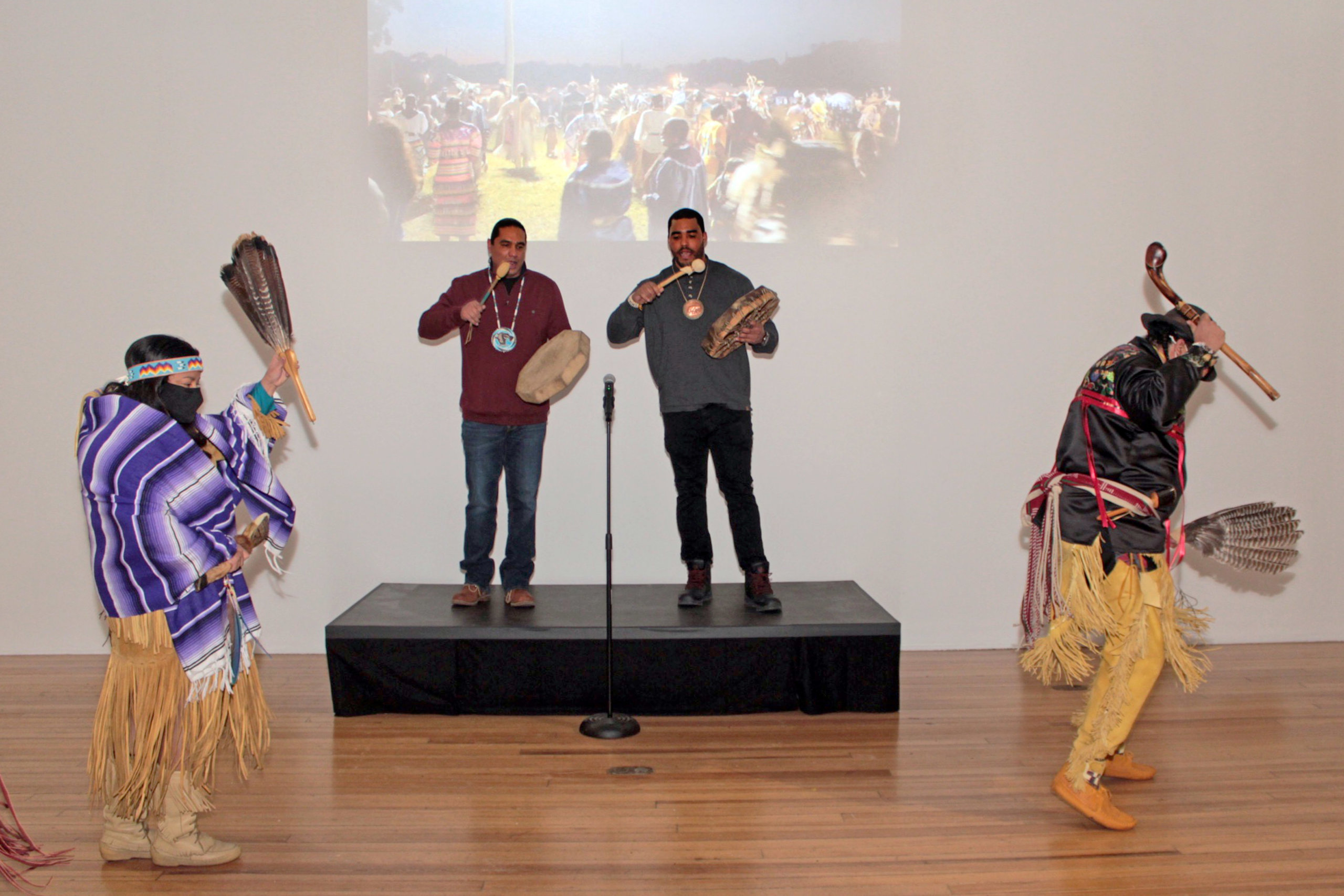 Indigenous traditional drumming and dancing with Denise Silva-Dennis, Ginew Benton, Shane Weeks and Tecumseh Ceaser at the OUTCROPPING exhibition opening
