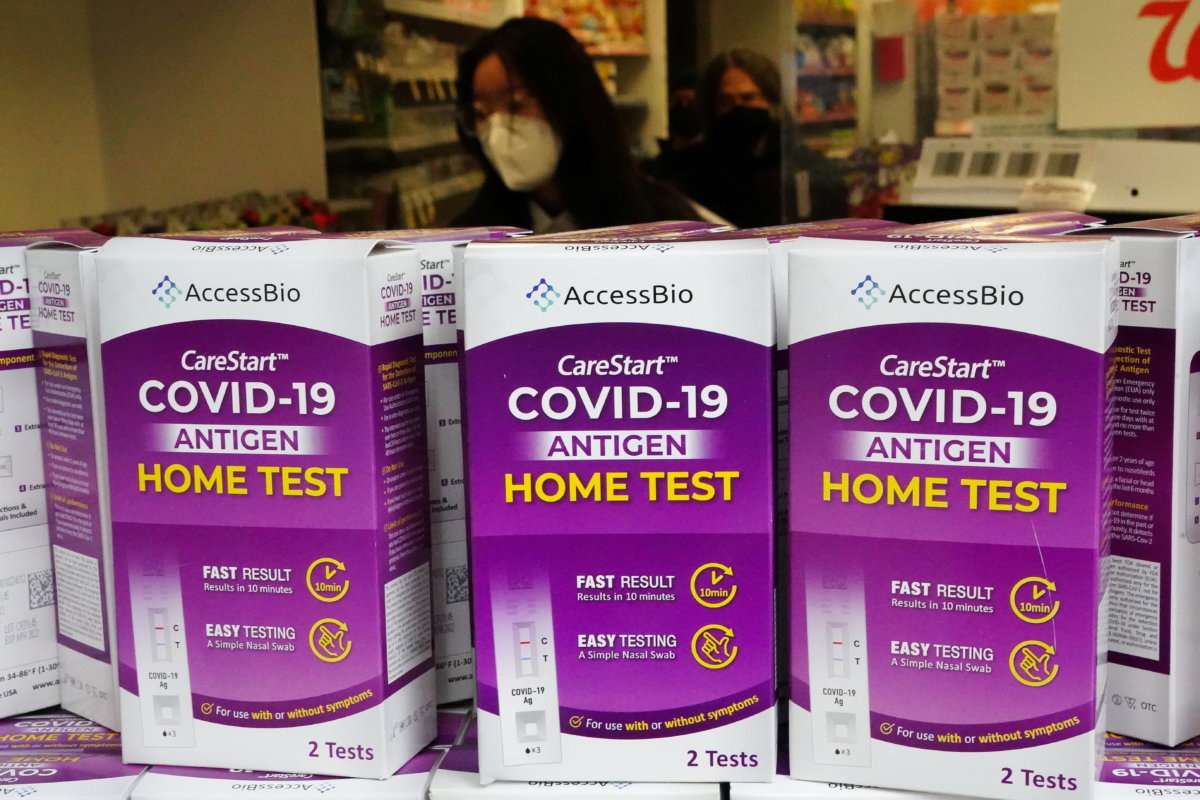 COVID-19 home test kits are pictured in a store window during the coronavirus disease (COVID-19) pandemic