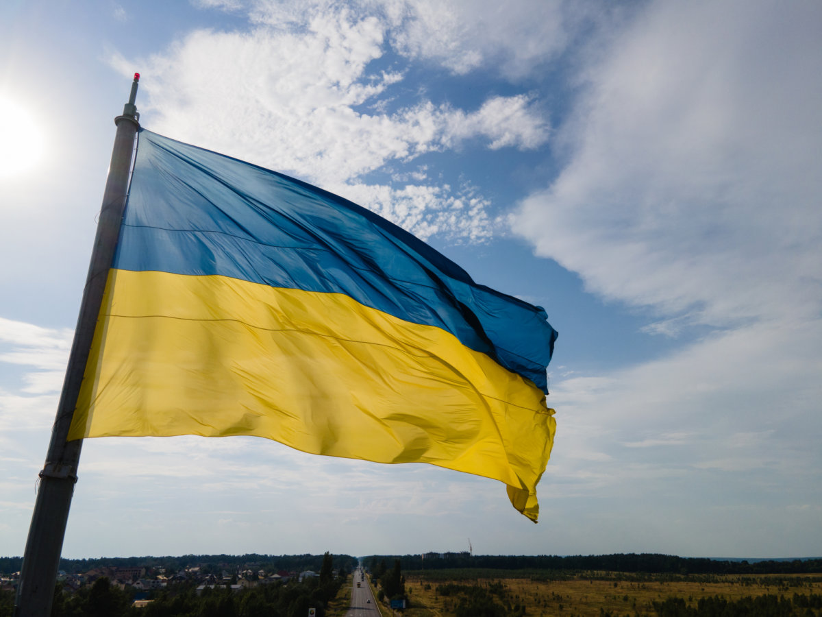 National flag of Ukraine. Kyiv Aerial view