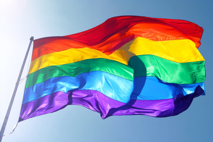 Big rainbow flag is waving in the wind with sun shining throughMore of my flag images: