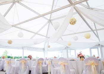an image of tables setting at a luxury wedding hall - wide angle view
