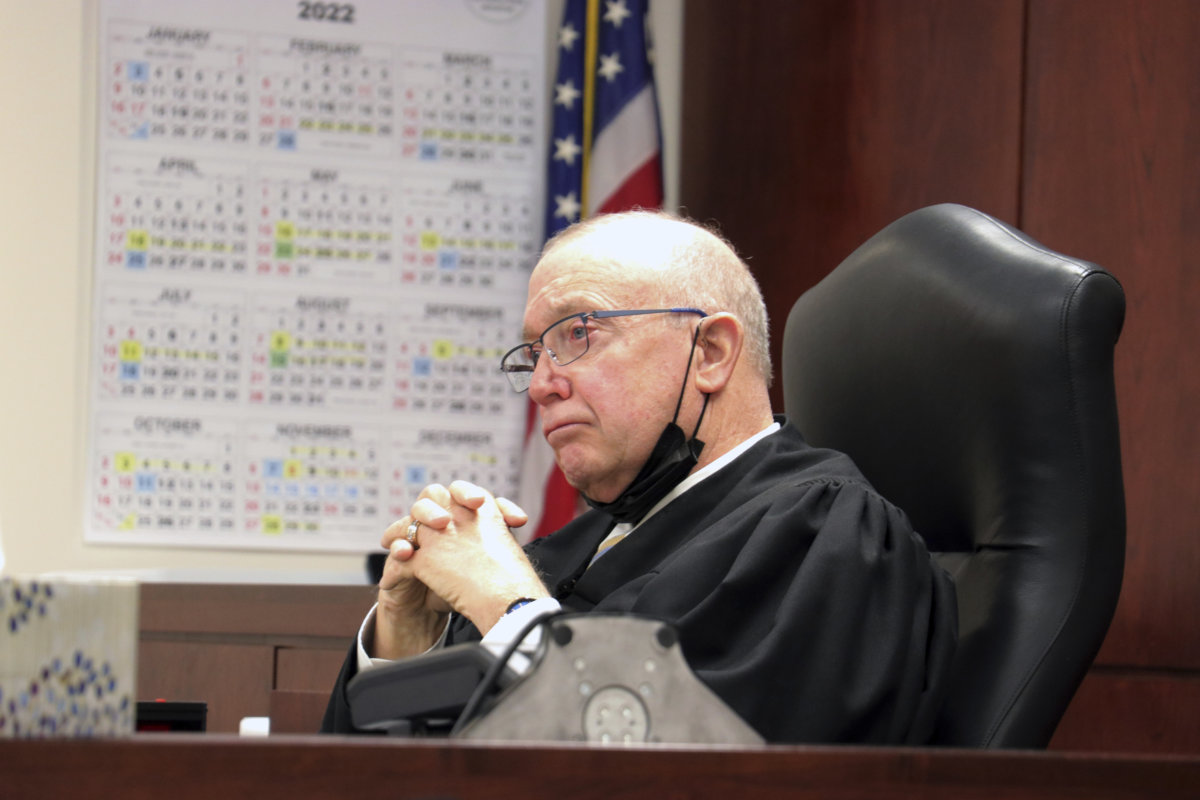 FILE - Judge Patrick McAllister listens to arguments during a hearing in court, Thursday, March, 31, 2022 in Bath, N.Y. New York will now hold its congressional and state Senate primaries on Aug. 23, a McAllister ruled Friday. (Vaughn Golden/WSKG via AP, Pool, File)