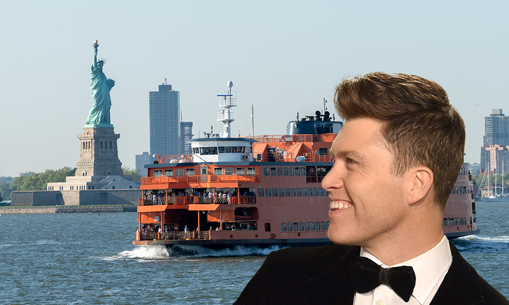 An image of a Staten Island ferry at downtown New York City with Statue of Liberty with Colin Jost