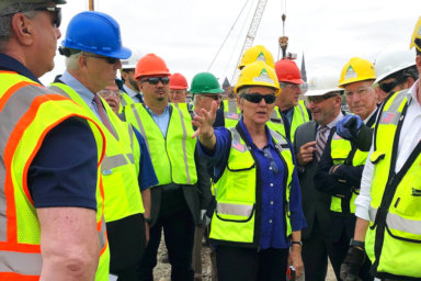 U.S. Energy Secretary Jennifer Granholm tours the New London State Pier facility Friday, May 20, 2022 to view progress on a hub for the offshore wind power