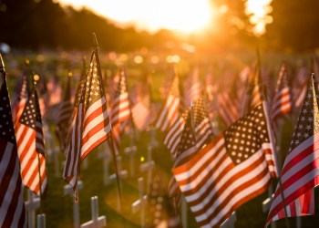 A field of American flags set up for a Memorial Day parade