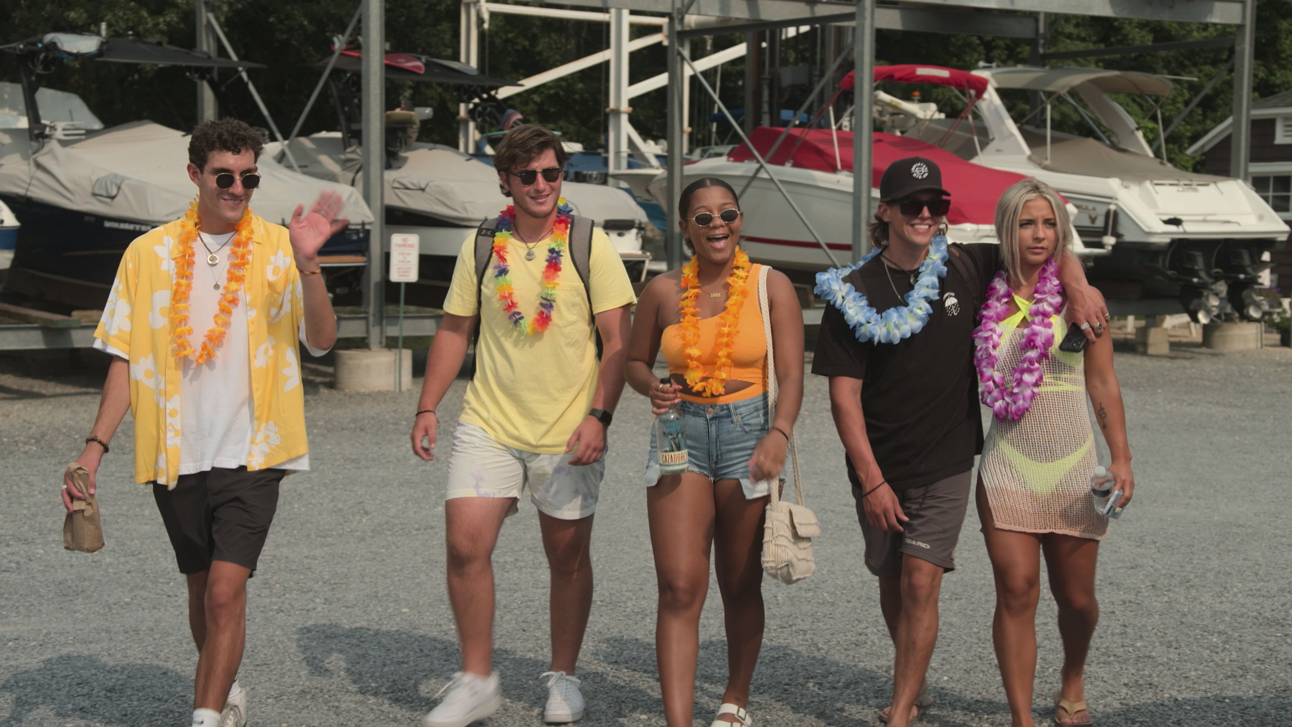 Scene from Forever Summer: Hamptons, cast walking near boatyard or marina