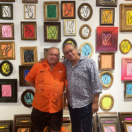 Hunt Slonem and Ted Vasilev with Slonem's. bunny paintings