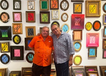 Hunt Slonem and Ted Vasilev with Slonem's. bunny paintings
