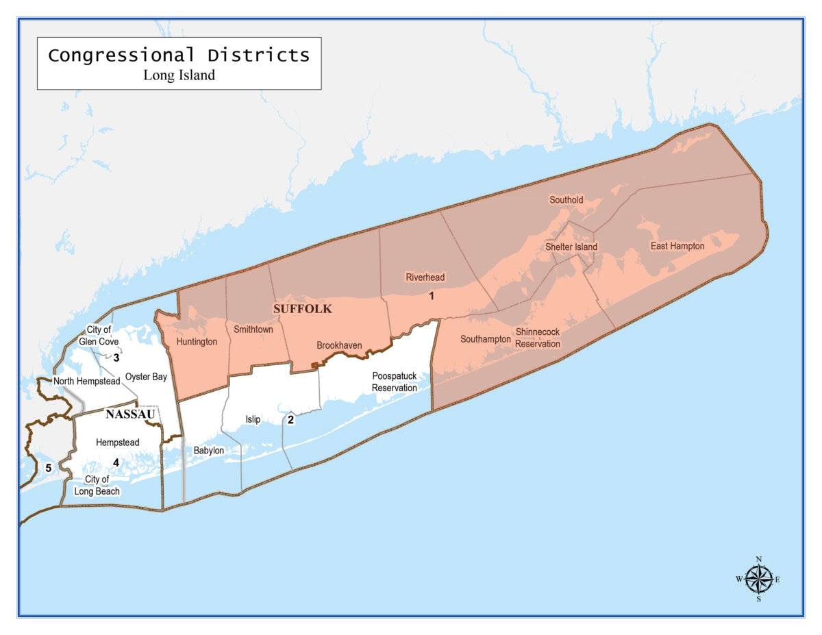 NY's 1st Congressional District, shaded in red, includes the East End and now Huntington