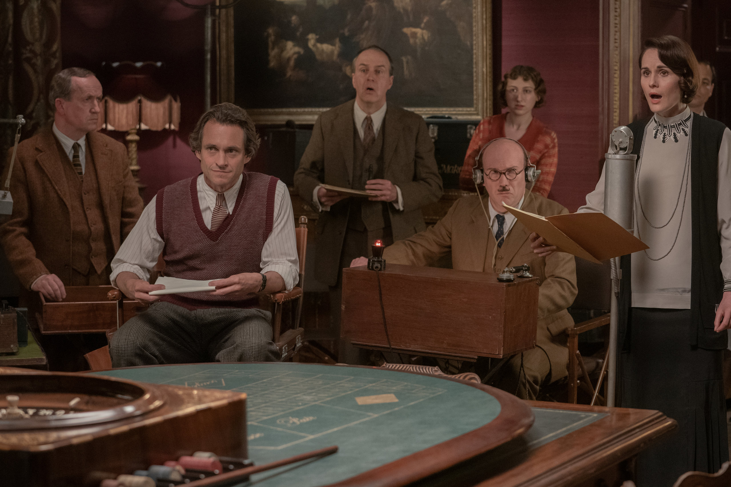 (Left to right) Hugh Dancy stars as Jack Barber, Kevin Doyle as Mr. Molesley, Alex MacQueen as Mr. Stubbins and Michelle Dockery as Lady Mary in "Downton Abbey: A New Era"