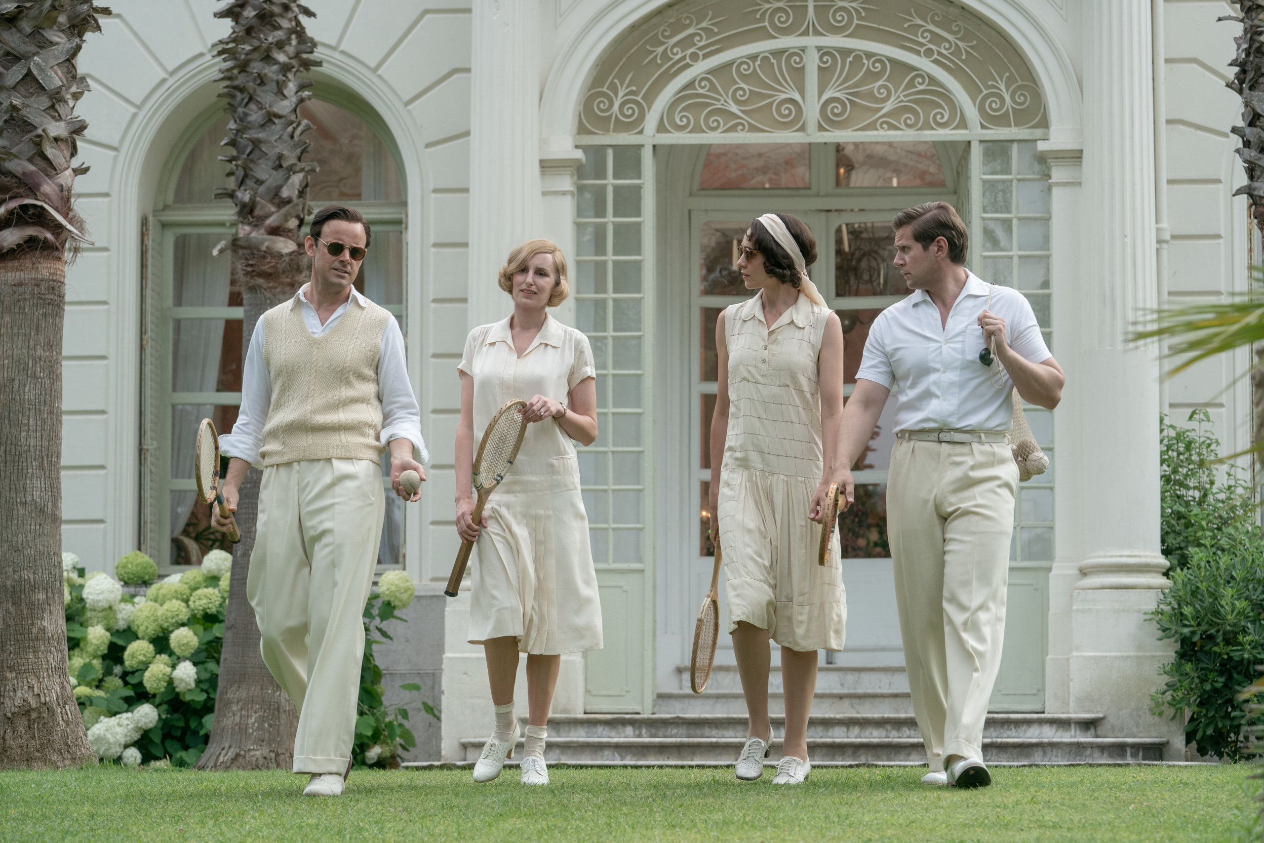 (Left to right) Harry Hadden-Paton stars as Bertie Pelham, Laura Carmichael as Lady Edith, Tuppence Middleton as Lucy Smith and Allen Leech as Tom Branson in "Downton Abbey: A New Era"