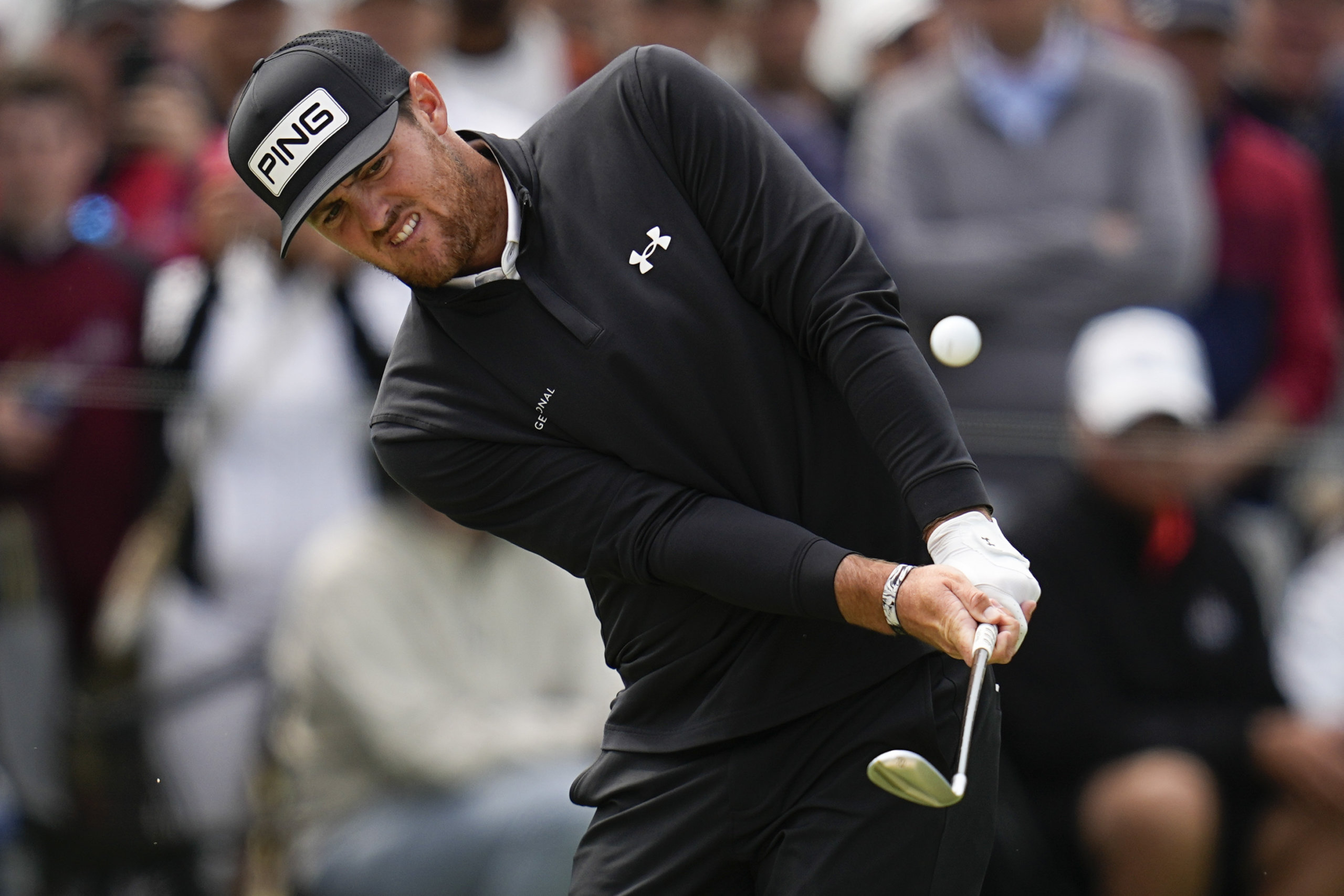 Mito Pereira, of Chile, chips to the green on the eighth hole during the final round of the PGA Championship golf tournament at Southern Hills Country Club, Sunday, May 22, 2022, in Tulsa, OK