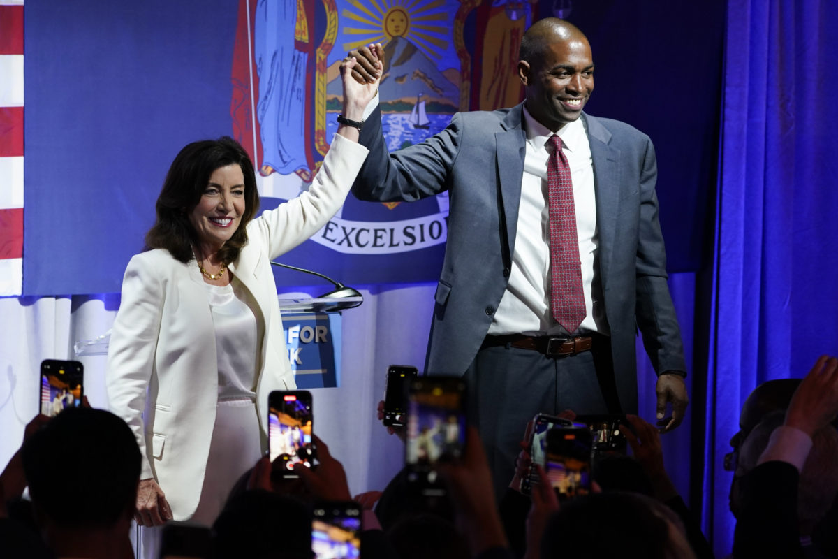 New York Gov. Kathy Hochul, who will face Zeldin in November, stands with Lieutenant governor Antonio Delgado during the primary election night party, Tuesday, June 28, 2022, in New York