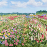 Casey Chalem Anderson "Balsam Farms Flower Rows" (2019, oil on canvas, 24" x 36")