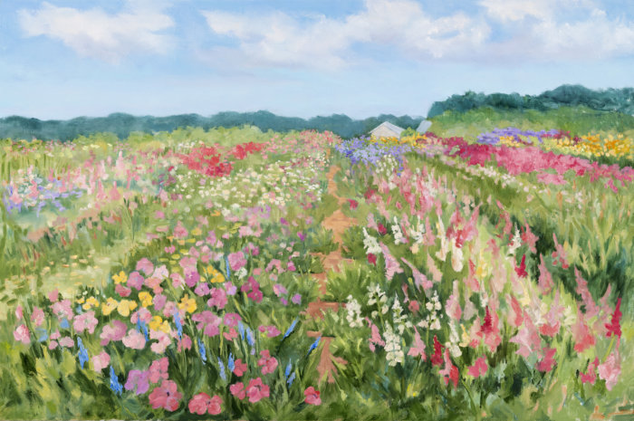 Casey Chalem Anderson "Balsam Farms Flower Rows" (2019, oil on canvas, 24" x 36")