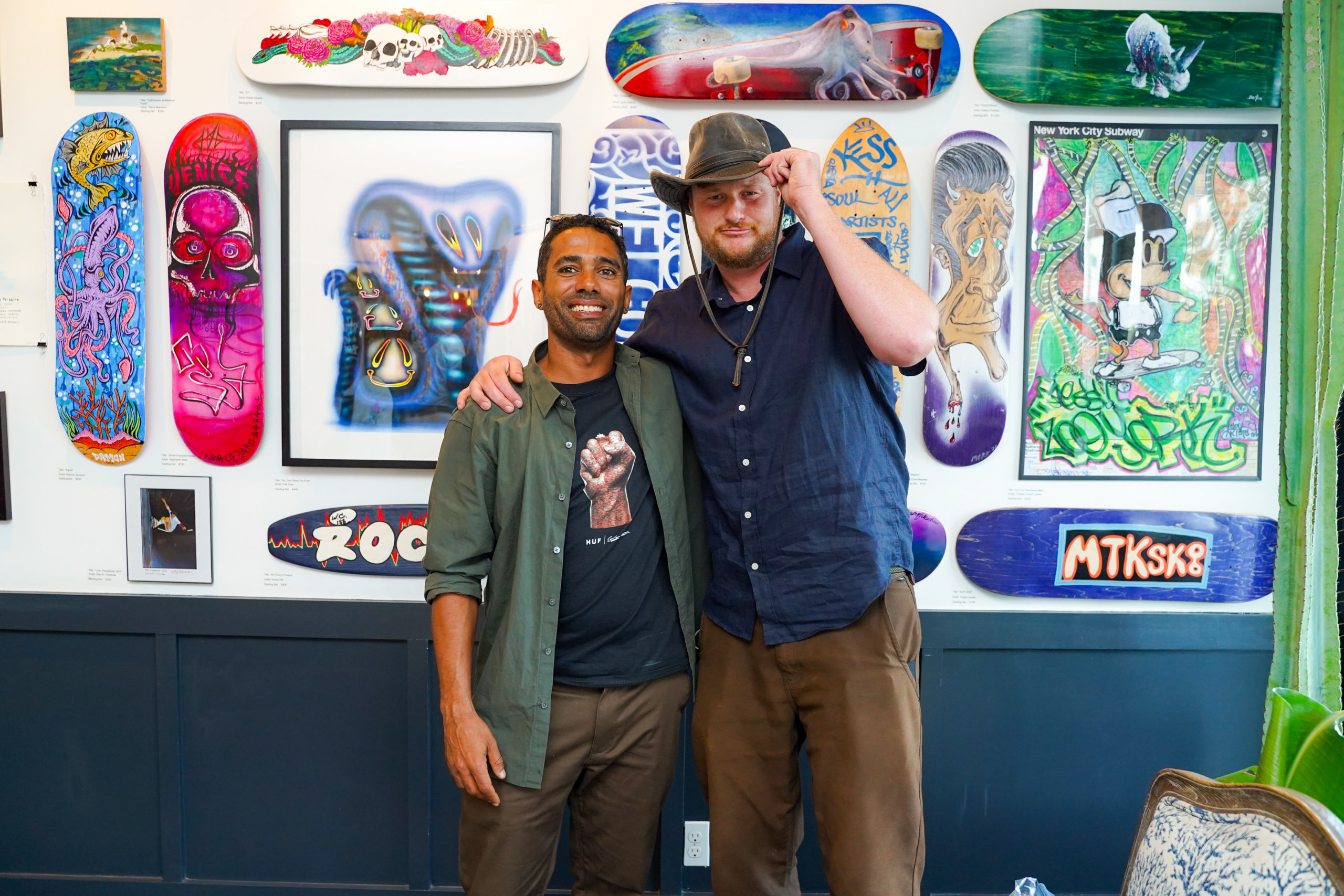 Bartholomew Schwarz and Pat Lane at the Art Auction to Benefit the Montauk Skatepark, Montauk Beach House on June 12, 2021