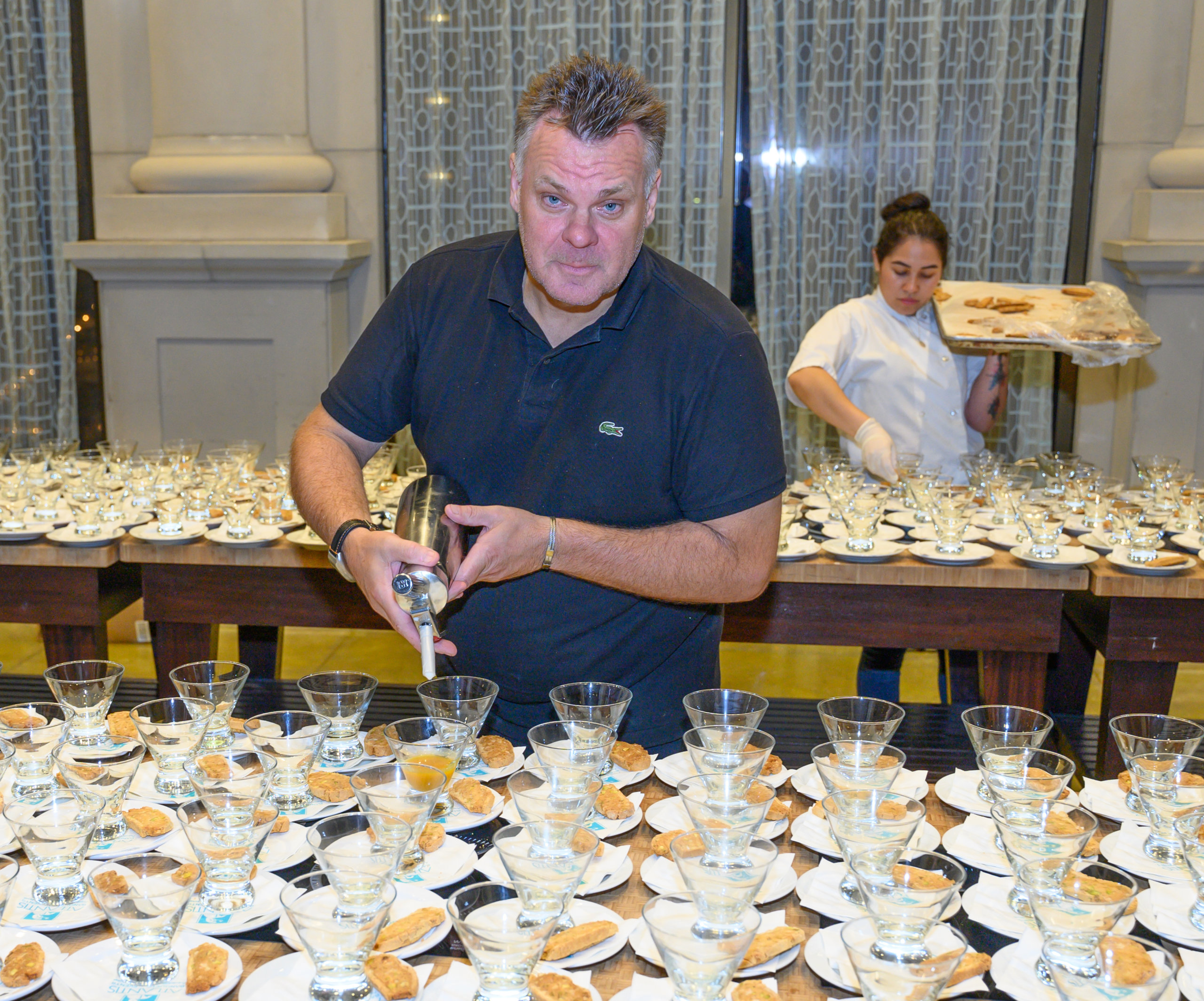 Chef François Payard preparing the night's desserts: Hot and Cold Piña Colada Shooters at chefs of the north fork