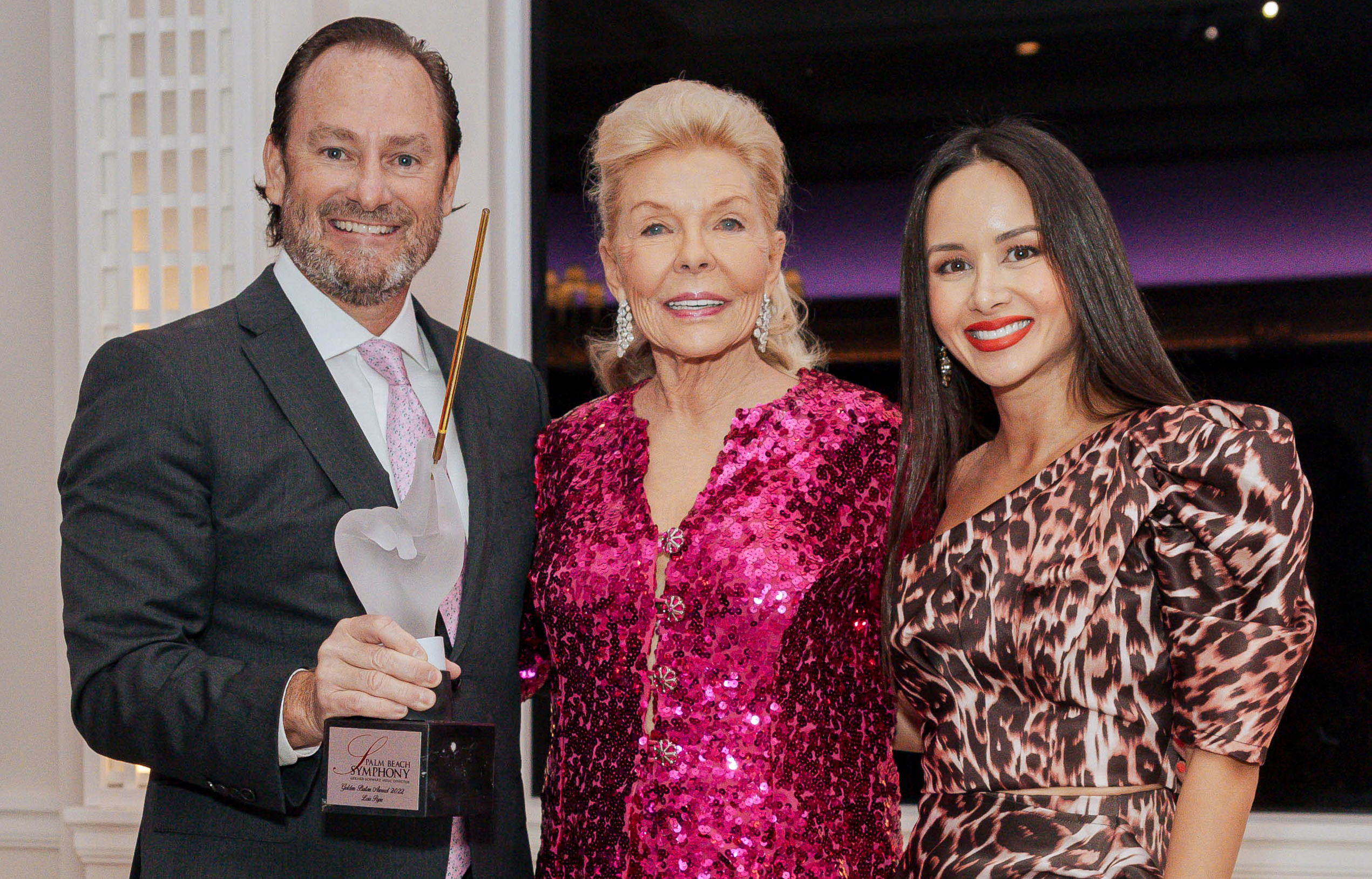 Palm Beach Symphony CEO David McClymont, Lois Pope and Milly Park at Pope's Golden Baton induction dinner