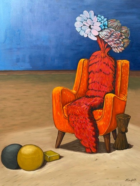 Lori Campbell's "Lady in the Orange Chair with Balls" (2022, 48" x 36") at The Lucore Art