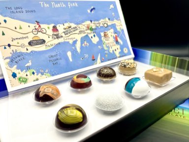 The Disset Ode to the North Fork chocolate collection comes with a limited edition North Fork map designed by young artist Ella Glover