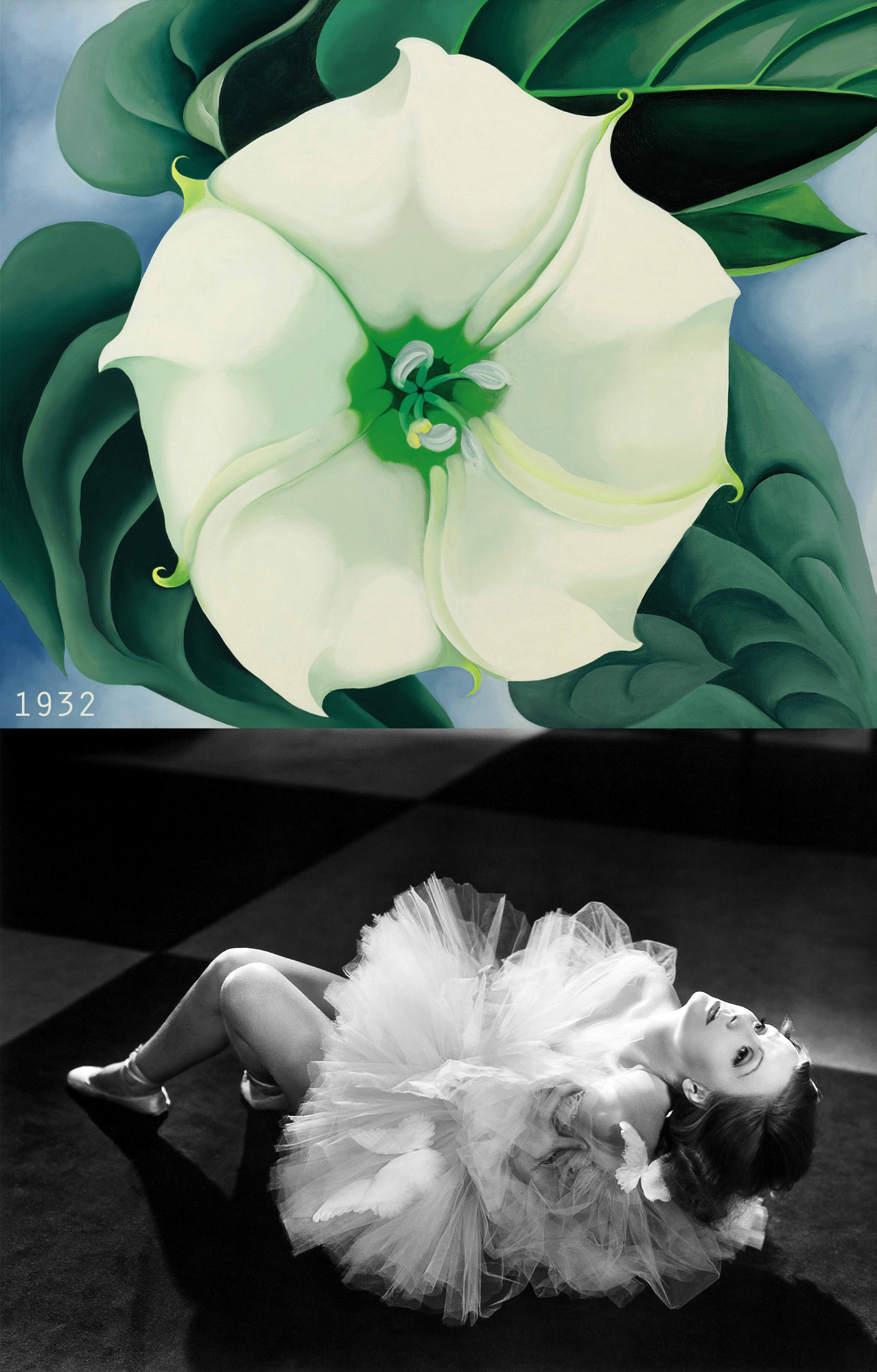 Bonnie Lautenberg pairs "Jimson Weed/White Flower No. 1" by Georgia O’Keeffe with a scene from the film Grand Hotel featuring Greta Garbo (both from 1932).