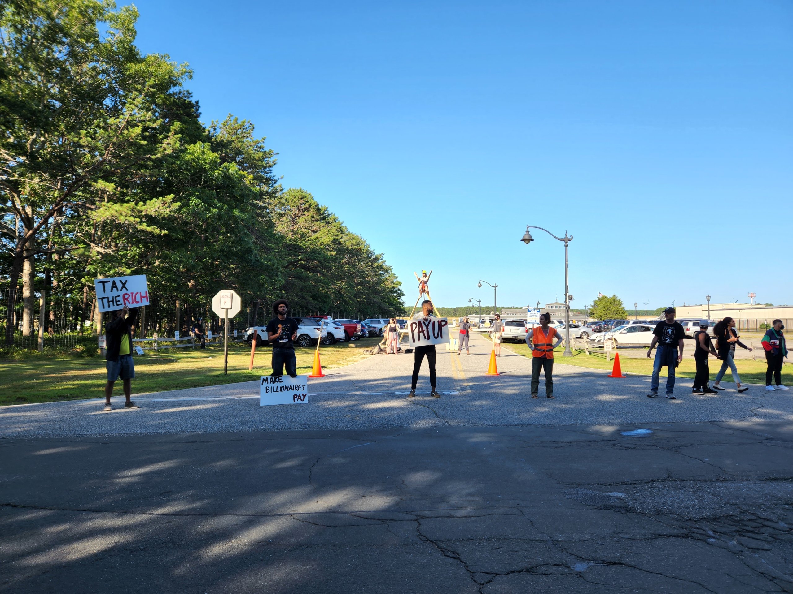 Protesters blocked the entrance to East Hampton Airport on July 11, 2022