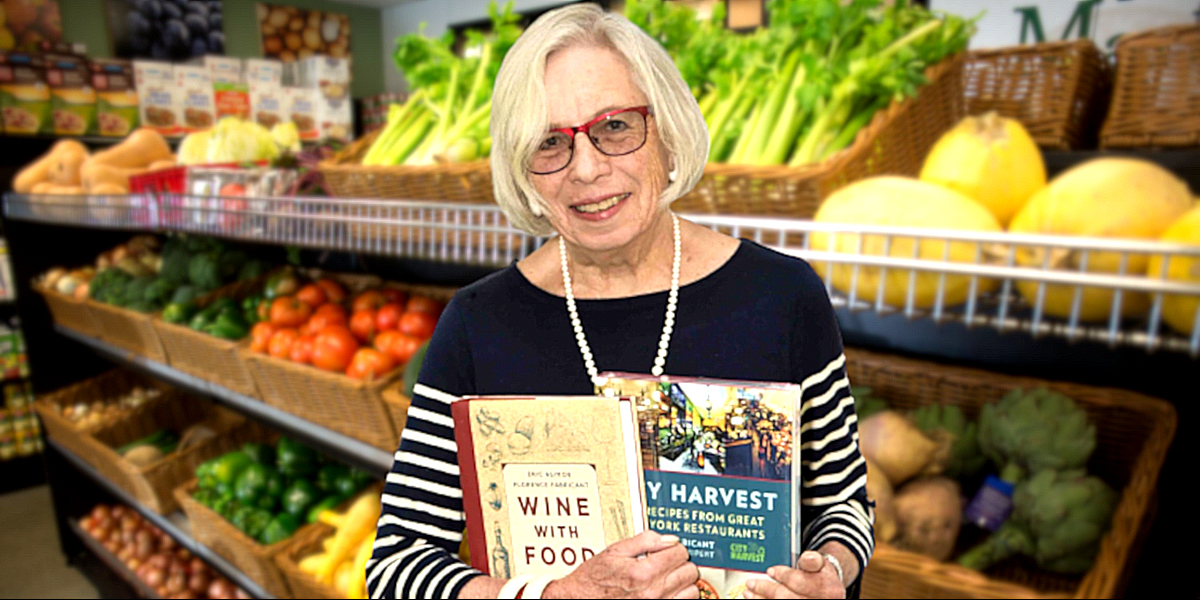 Florence Fabricant podcast banner in front of produce and food