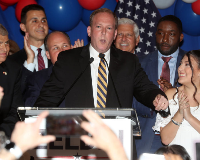 Rep. Lee Zeldin (R-Shirley) celebrates his win on June 28, 2022 becoming the Republican candidate for governor.