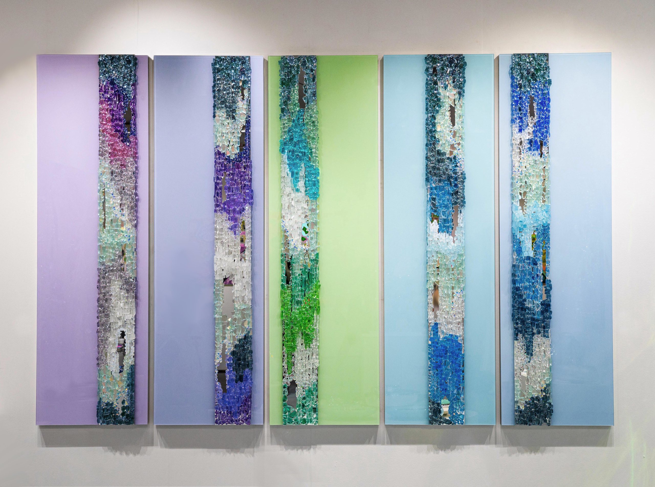 Abby Modell "LightWave Waterfall" (glass mirror assemblage, 7’ x 11’)