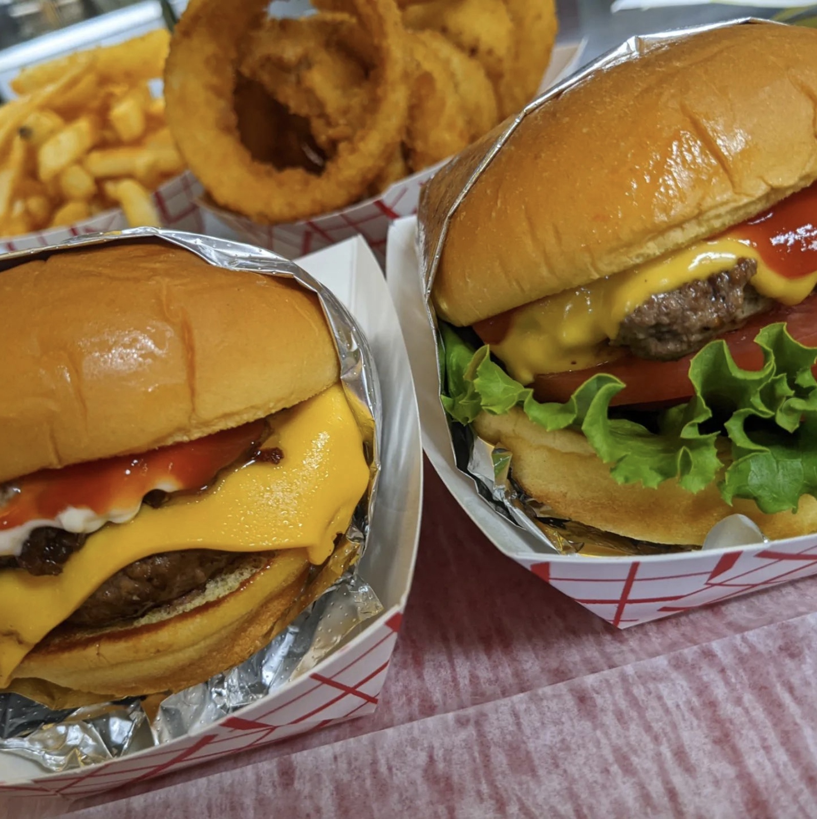 Boom Burgers with fries and onion rings