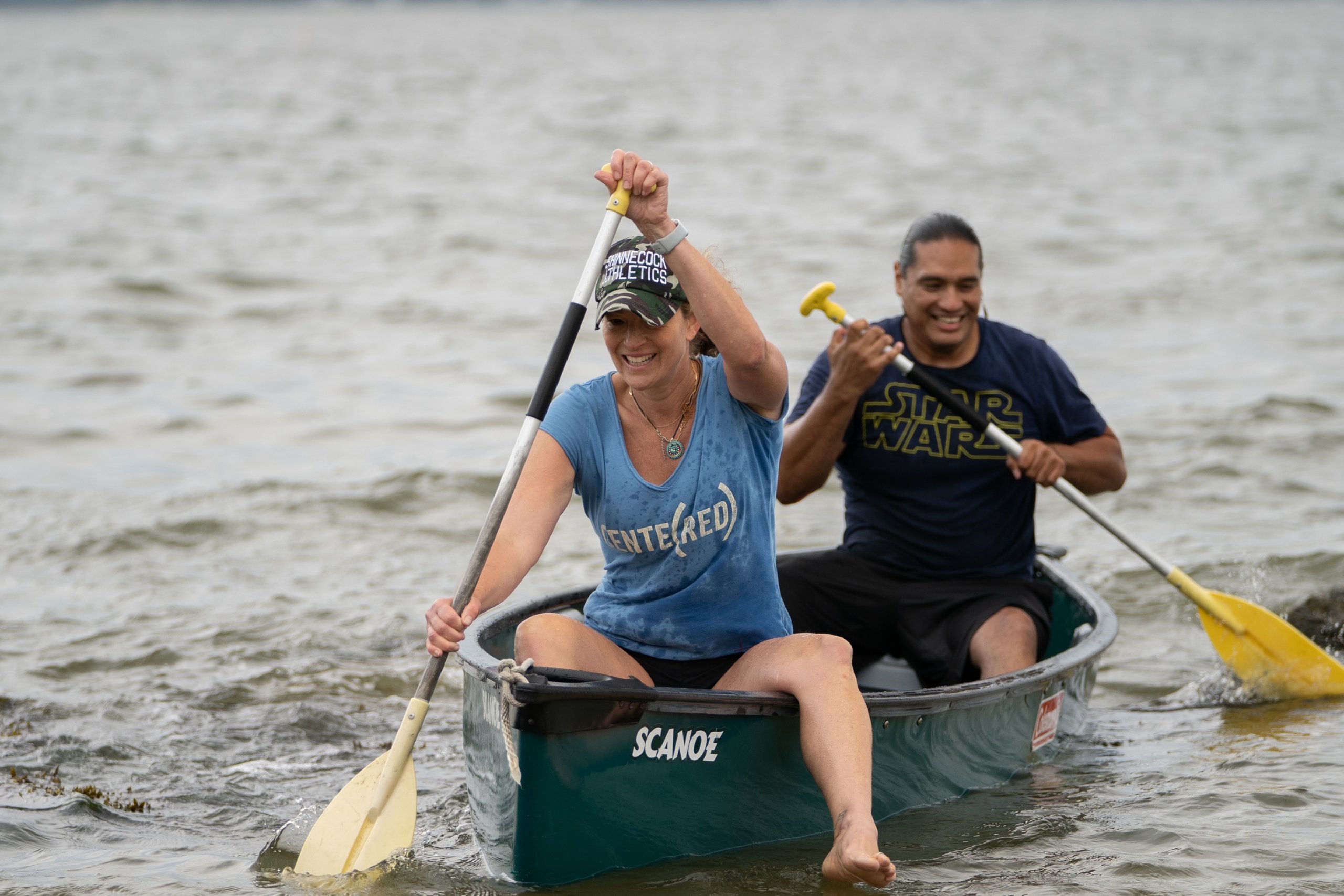 Alli Hunter Joseph paddling with cousin Ginew Benton in 2021 annual Shinnecock Whalers Mishoon Race