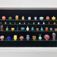 Yuta Segawa's "Miniature Pots Collection II" (2022, glazed porcelain and stoneware vessels, custom cabinet, 24" x 36") from VSOP Projects will be on display at Art Market Hamptons