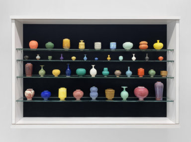 Yuta Segawa's "Miniature Pots Collection II" (2022, glazed porcelain and stoneware vessels, custom cabinet, 24" x 36") from VSOP Projects will be on display at Art Market Hamptons