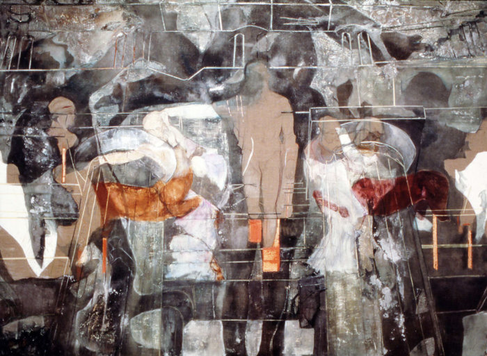 "Victory" (1996) by Ellen Frank, silver leaf and acrylic stain on Belgian linen, 70 x 94 inches