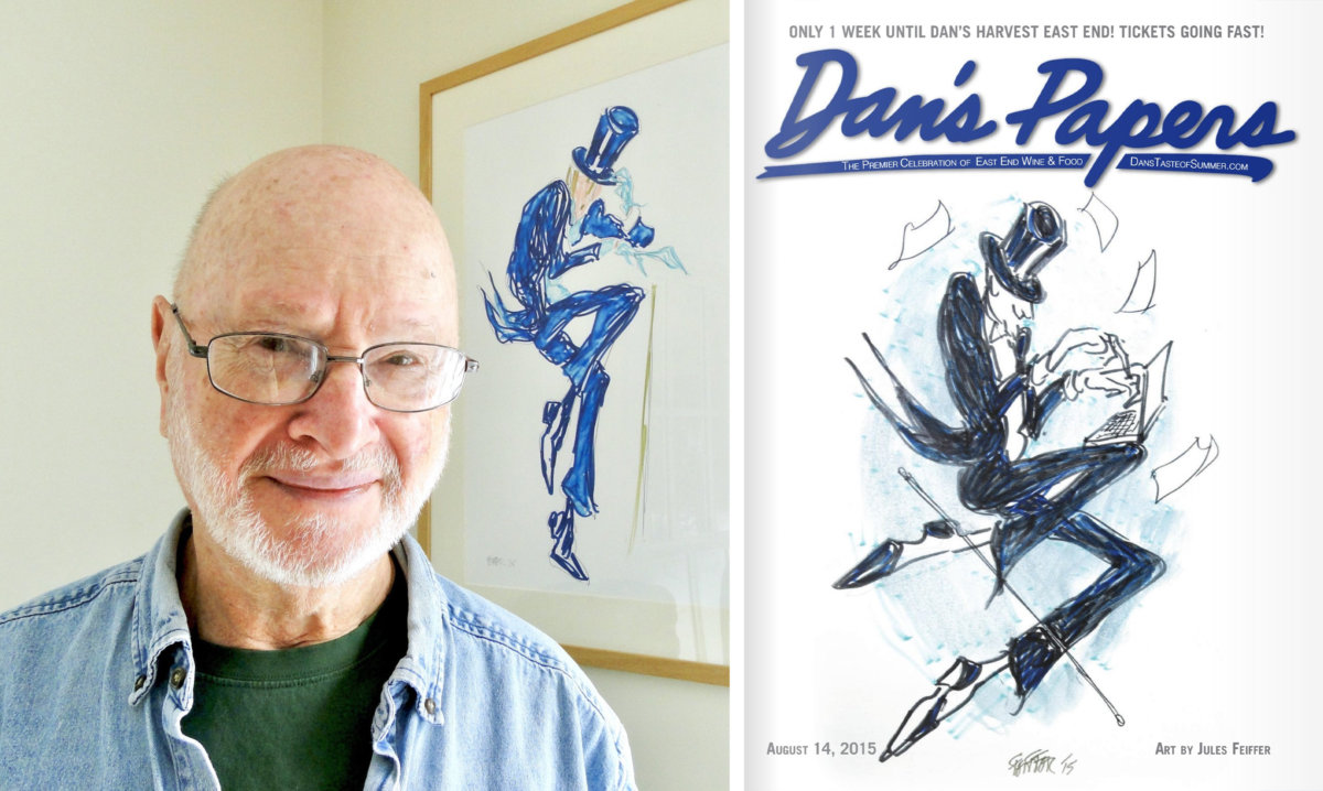 Jules Feiffer with one of his artworks, which shares his iconic art style with his 2015 and 2022 Dan's papers covers