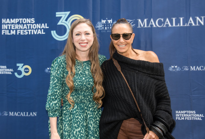 Chelsea Clinton and Donna Karan after their "Gutsy" panel at the 2022 Hamptons International Film Festival, HIFF
