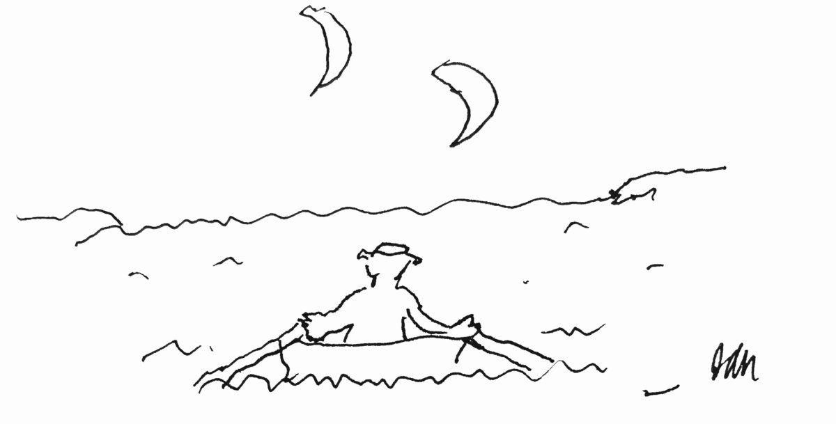 Rowing to John Steinbeck's writing studio in Sag Harbor cartoon by Dan Rattiner