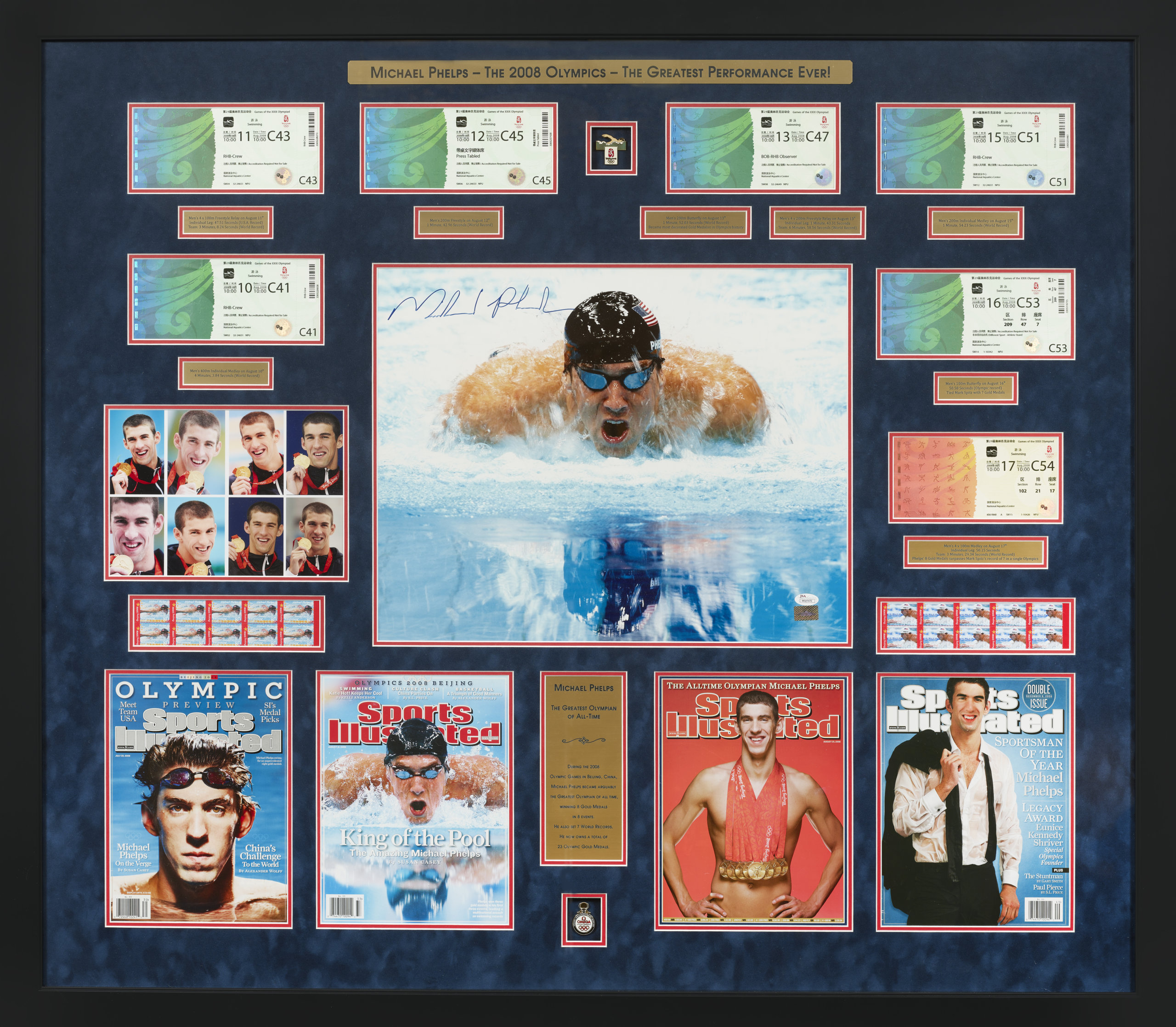 Michael Phelps Chinese Olympics "Sports Conversation Art" piece with collected memorabilia