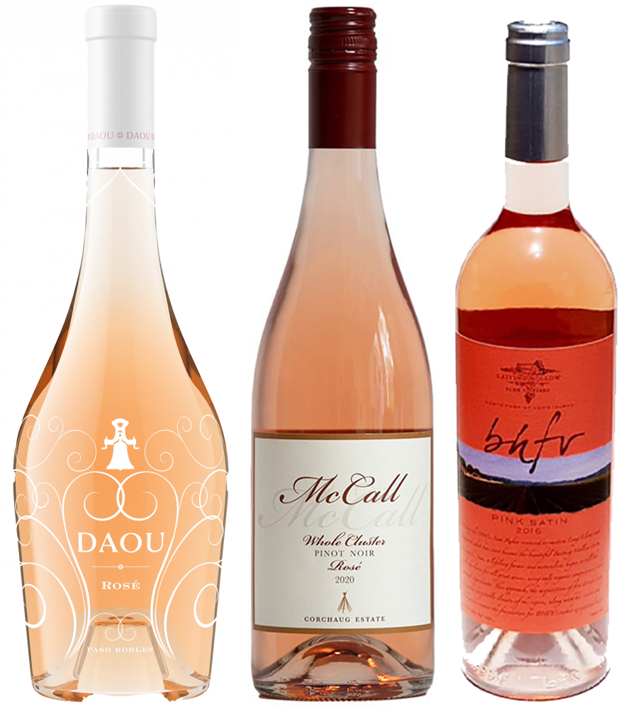 DAOU 2021 Discovery Rosé, McCall 2021 Whole Cluster Pinot Noir Rosé and Baiting Hollow Farm Vineyard Pink Satin 2019