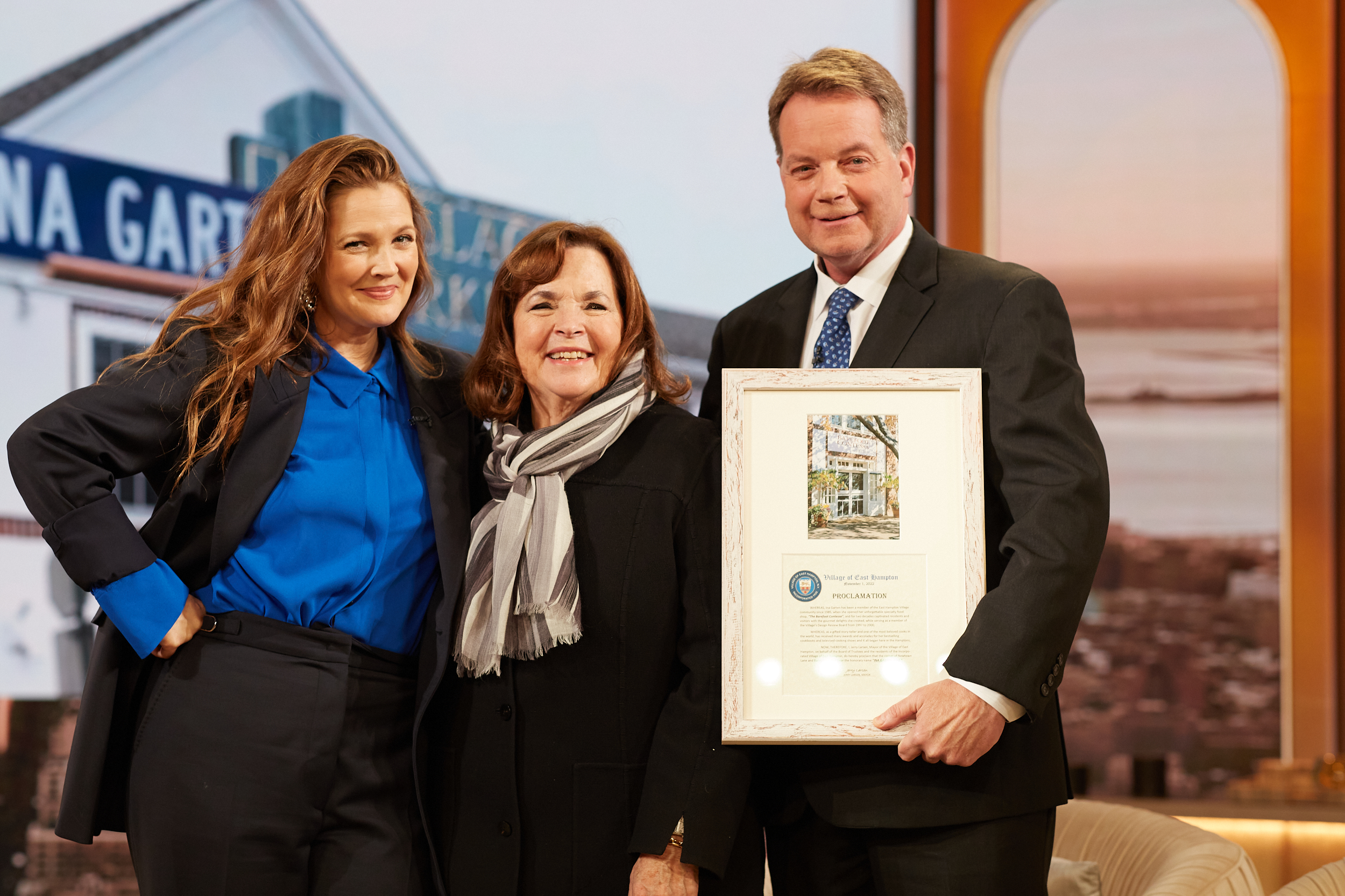 Drew Barrymore and Ina Garten with East Hampton Mayor Jerry Larsen