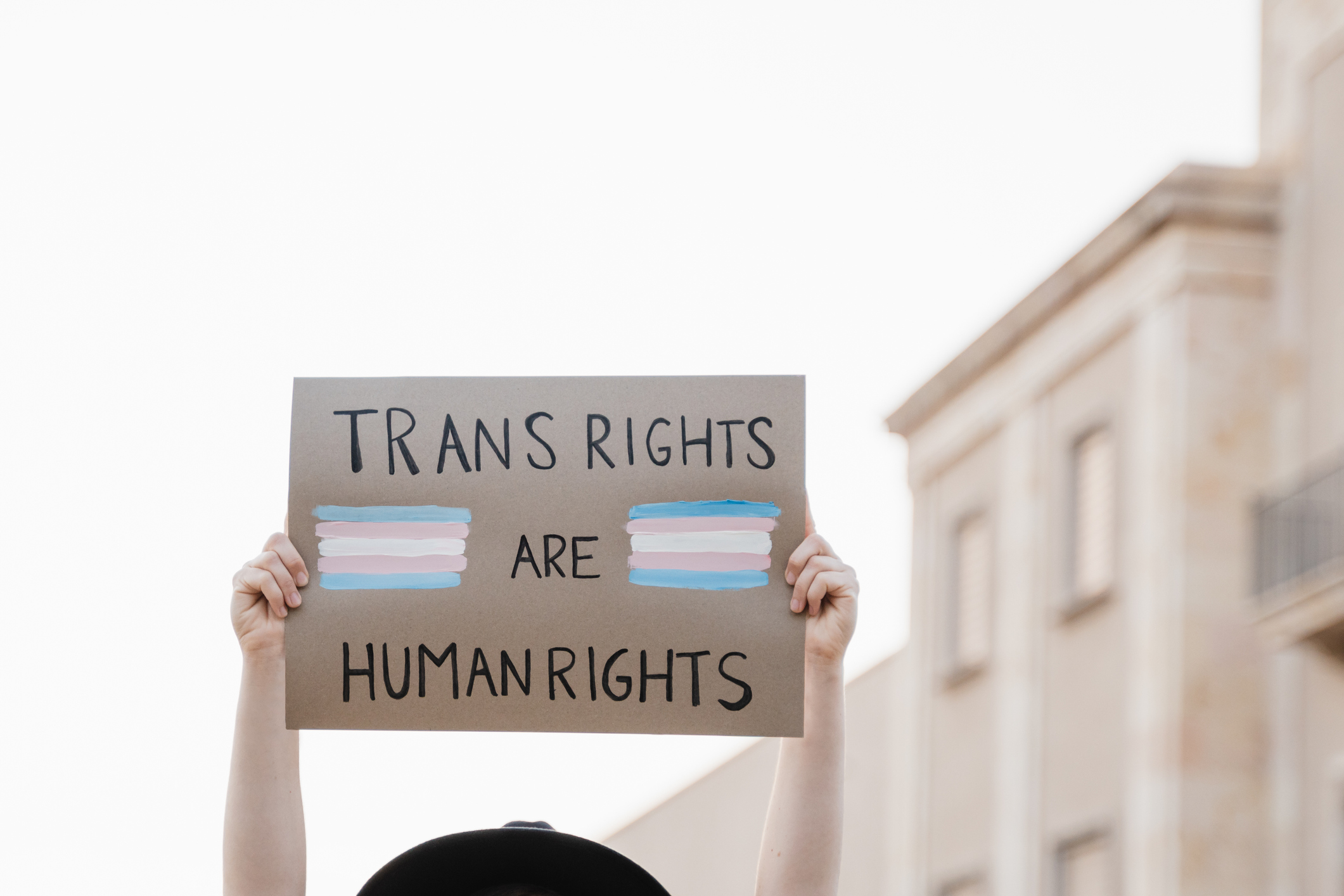 Transgender woman at gay pride protest holding transgender flag banner - Lgbt celebration event concept