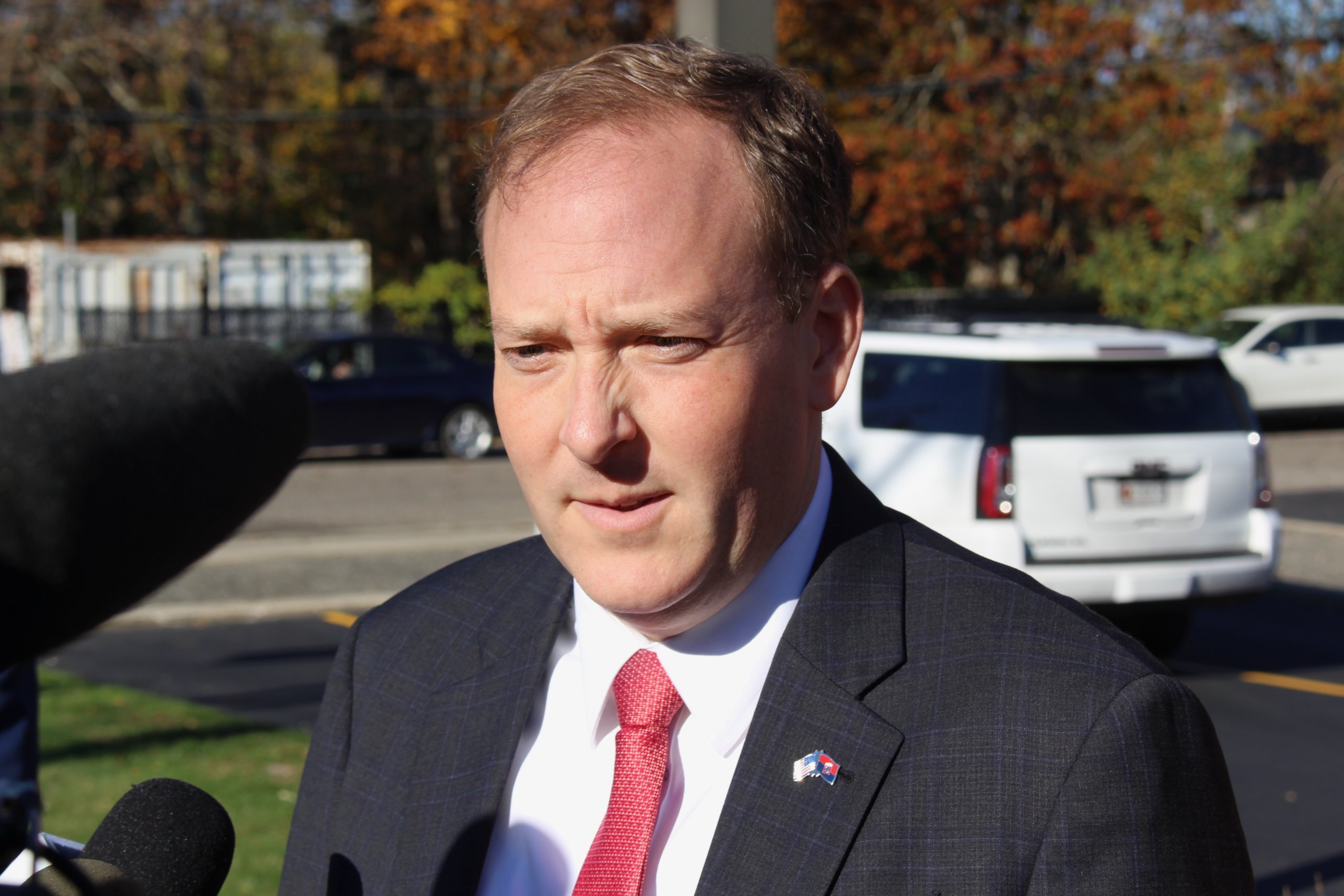 Lee Zeldin speaks to media outside his polling place in Mastic on Election Day 2022
